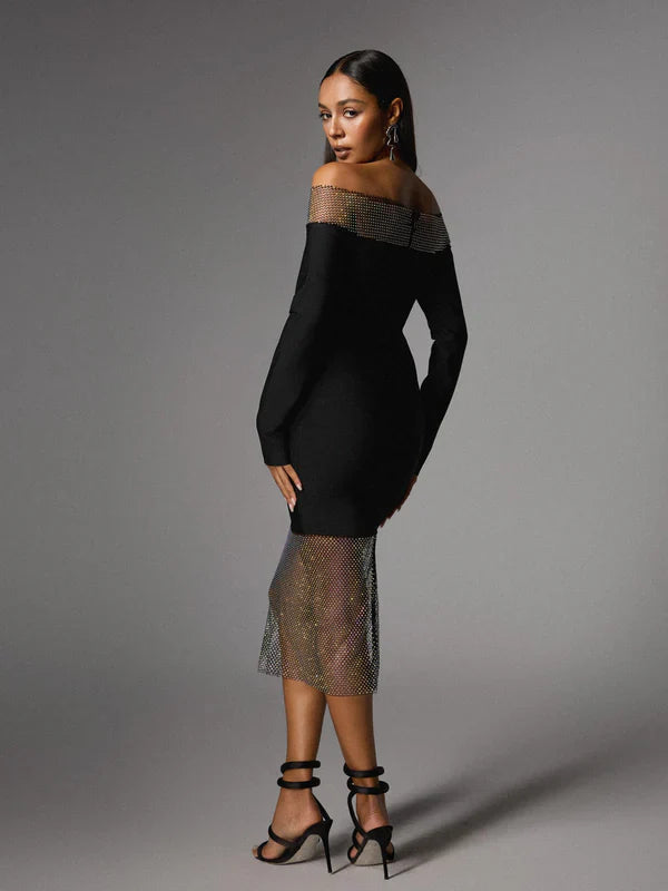 Akuna Shoulder Open Crystal Bandage Midi Dress