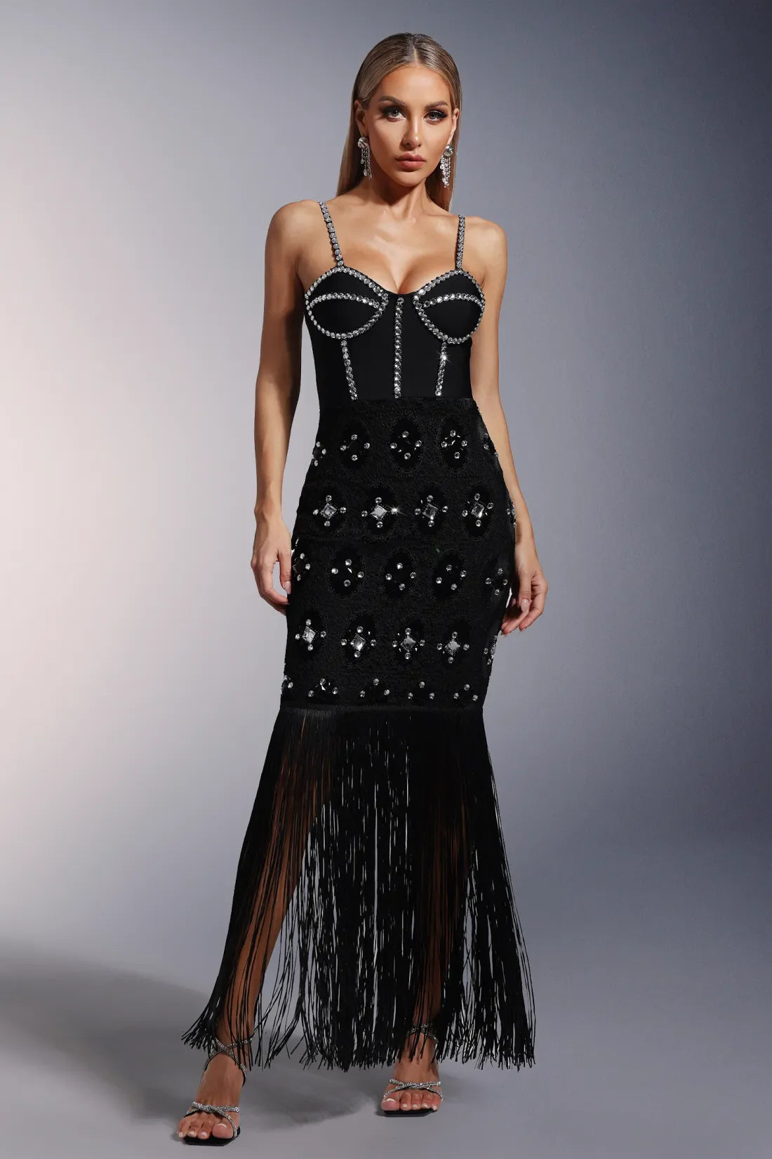 Mikao Lace Sleeveless Fringed Diamond Long Dress