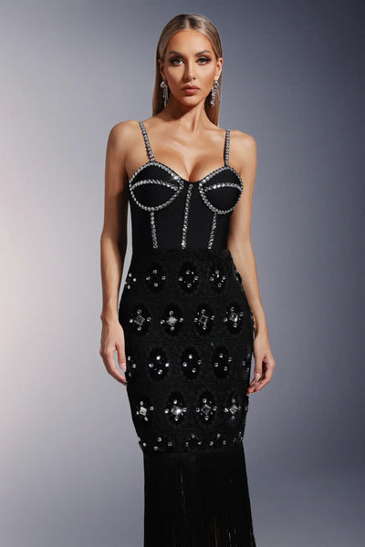 Mikao Lace Sleeveless Fringed Diamond Long Dress