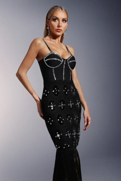 Mikao Lace Sleeveless Fringed Diamond Long Dress