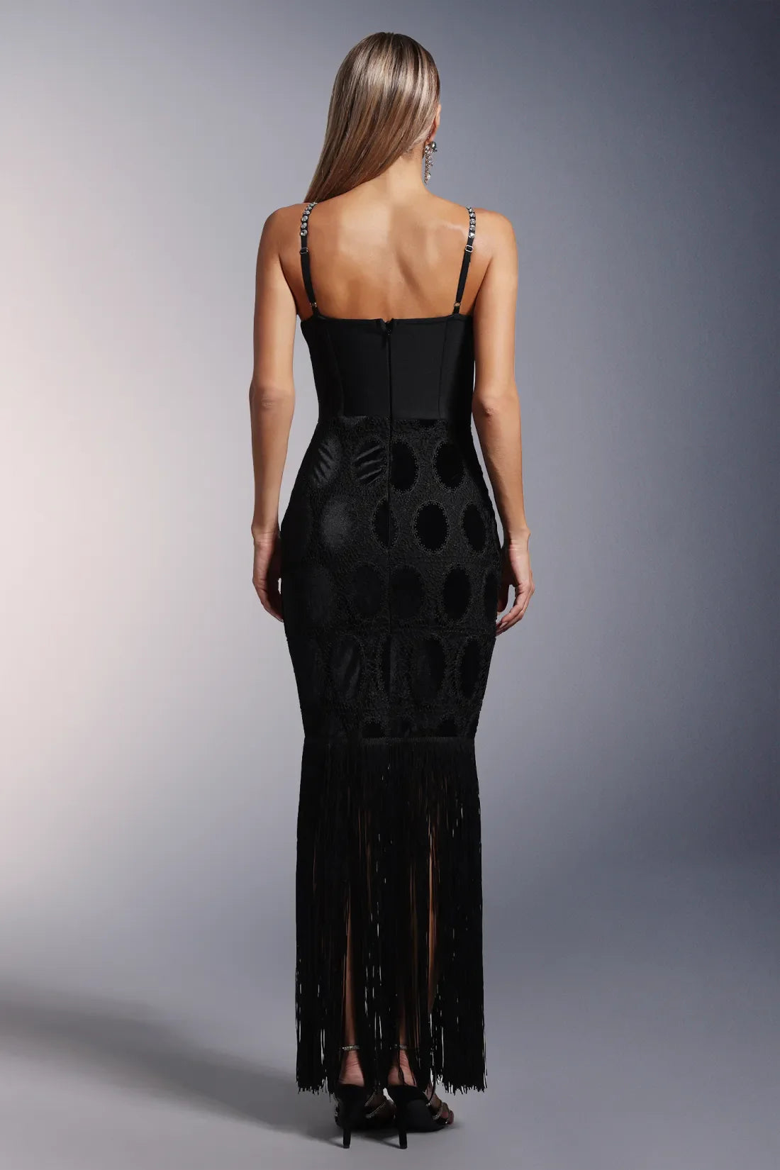 Mikao Lace Sleeveless Fringed Diamond Long Dress