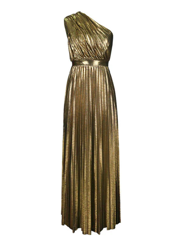 Kaleen Tek Shoulder Metallic Gold Long Dress