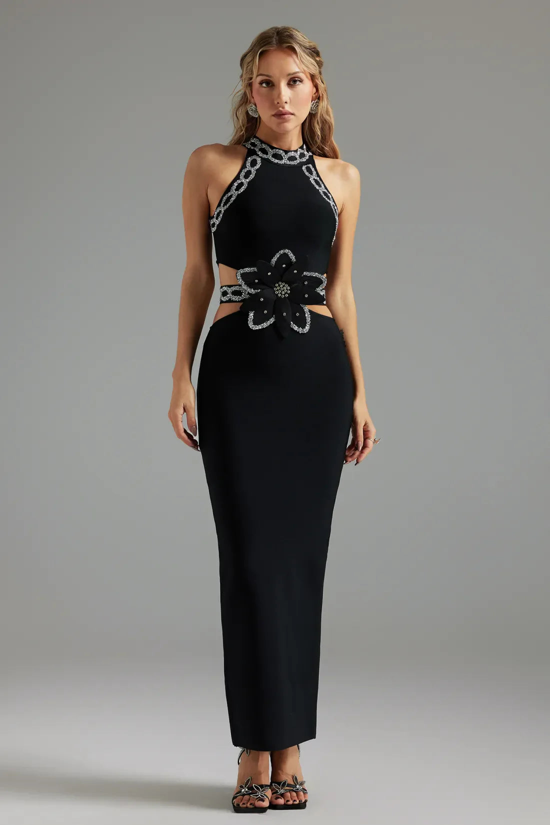 Perrine Glitter Cut-Out Bandage Long Dress
