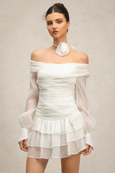 Karsten Off-Shoulder Flower Long Sleeve Layered Mini Dress