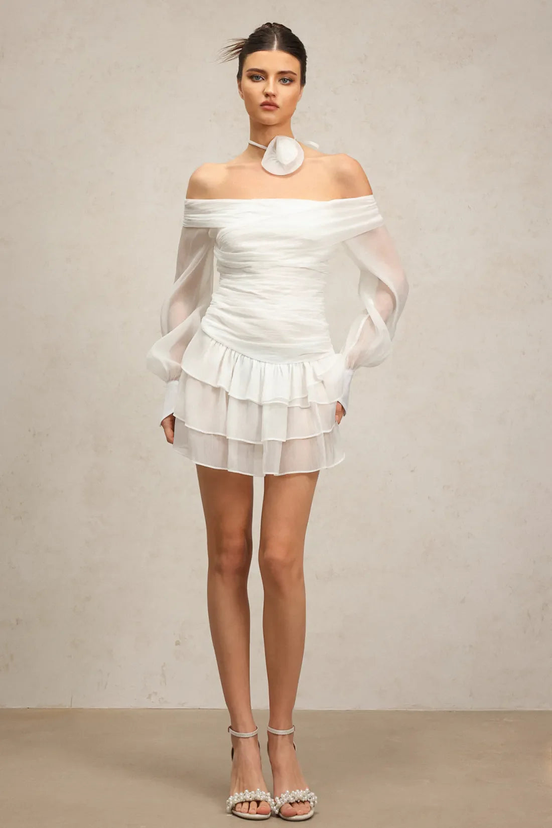 Karsten Off-Shoulder Flower Long Sleeve Layered Mini Dress