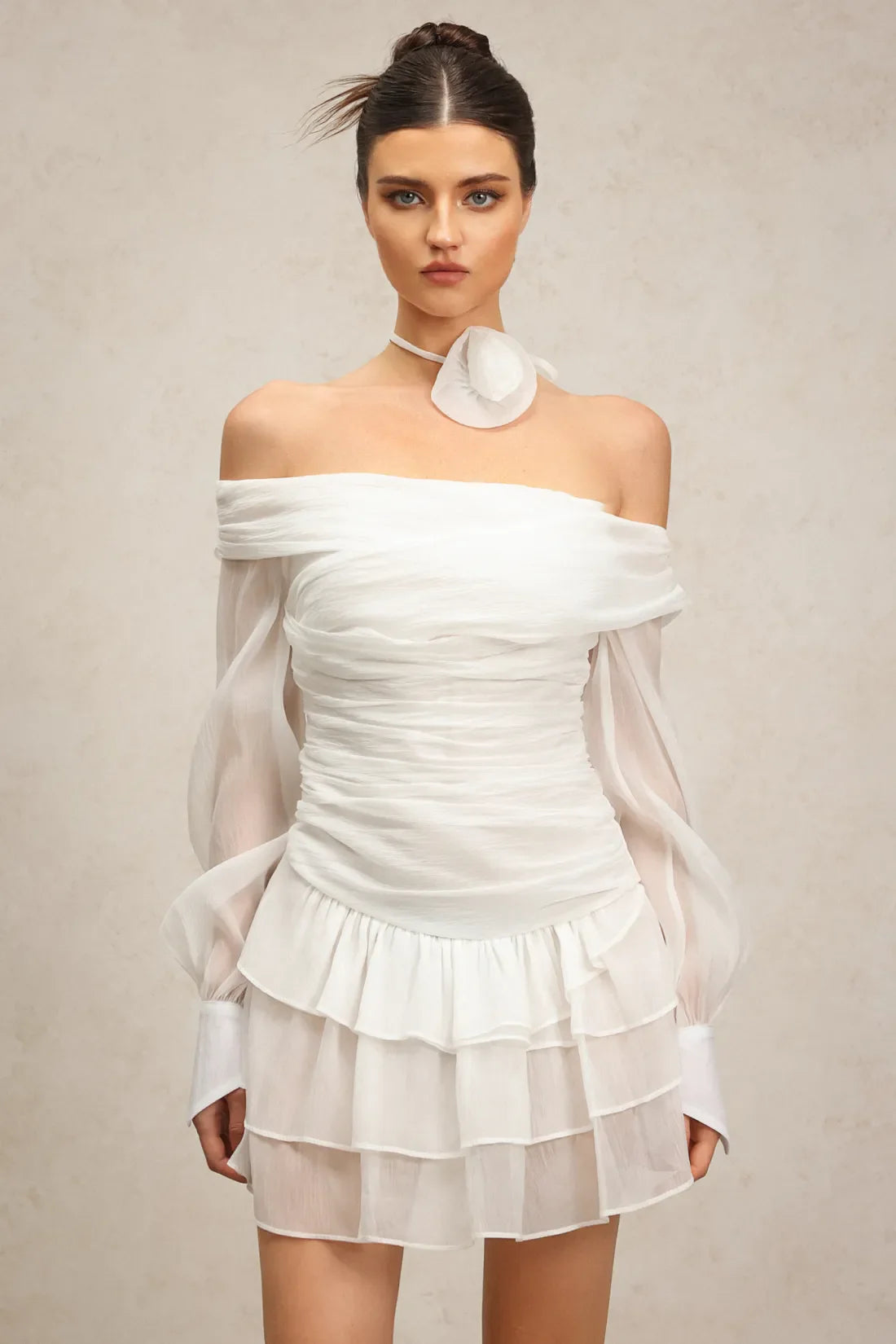 Karsten Off-Shoulder Flower Long Sleeve Layered Mini Dress