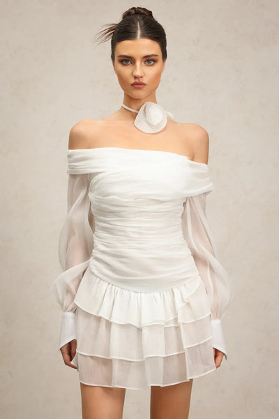 Karsten Off-Shoulder Flower Long Sleeve Layered Mini Dress