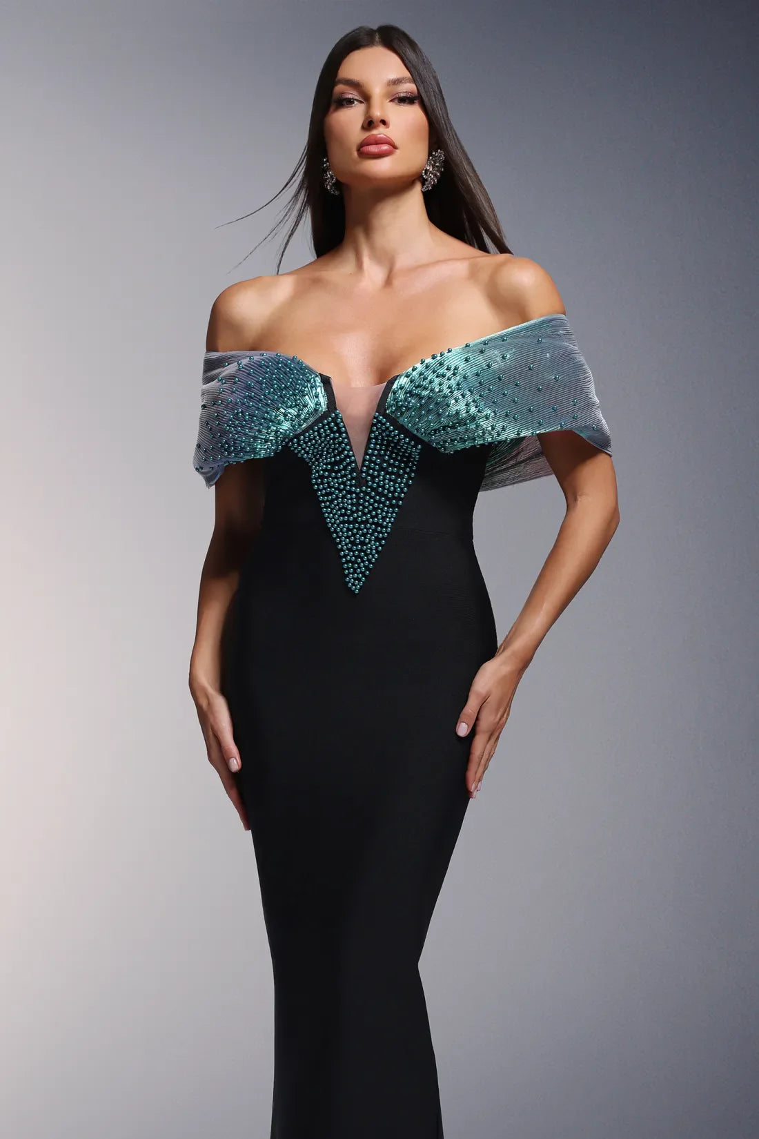 Dorie Deep V-Neck Bandage Shoulder Open Pearl Long Dress