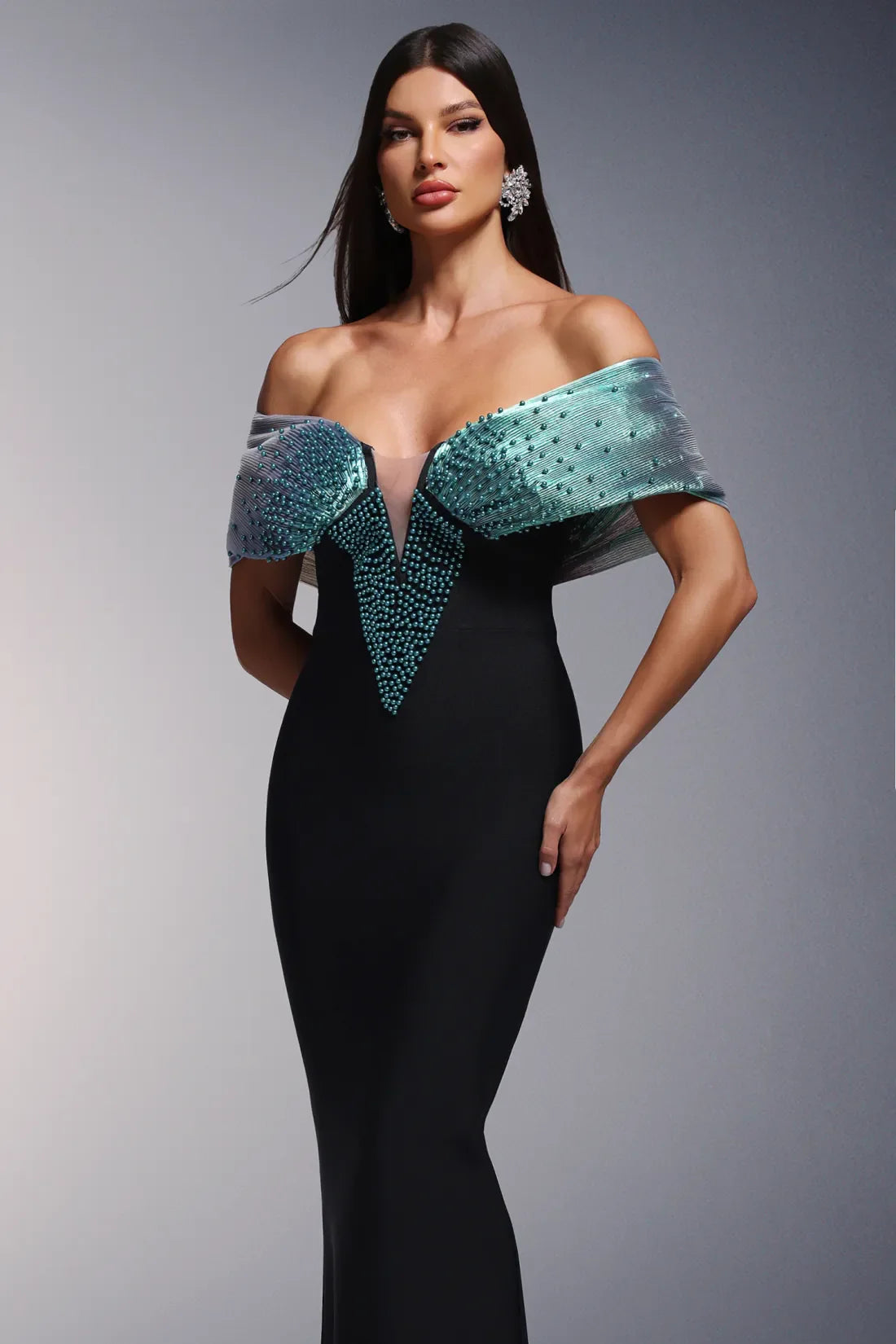 Dorie Deep V-Neck Bandage Shoulder Open Pearl Long Dress