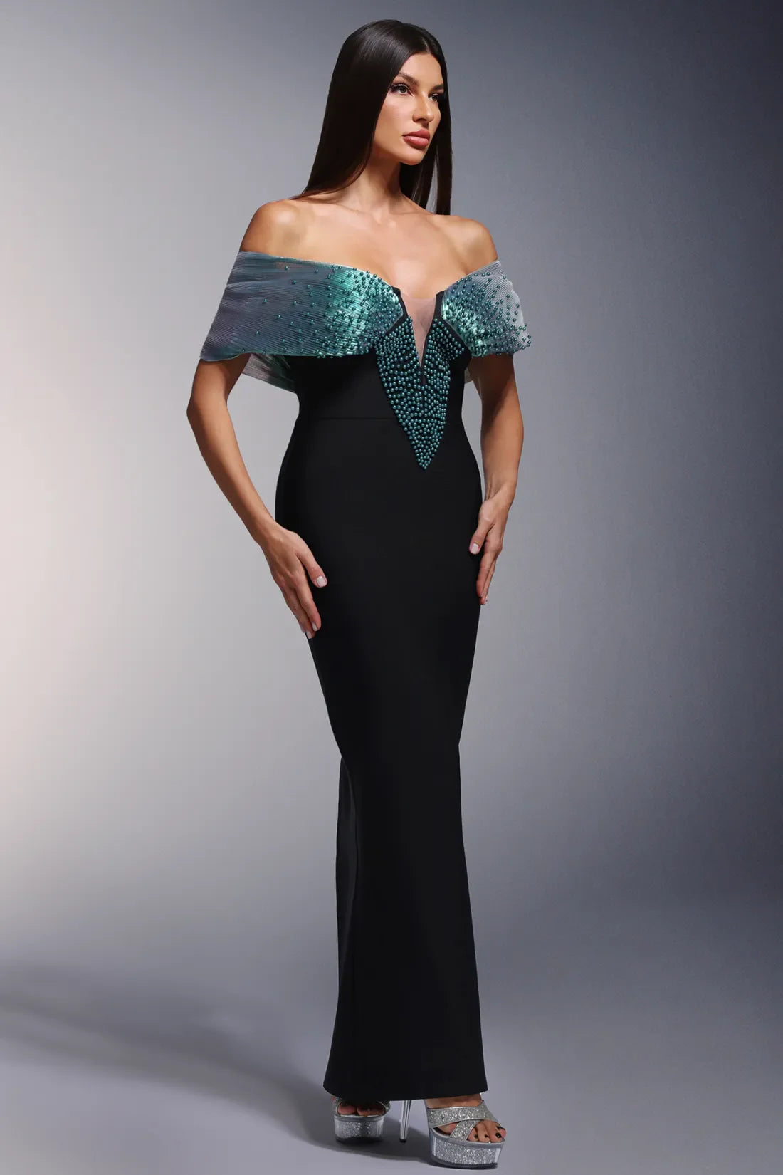Dorie Deep V-Neck Bandage Shoulder Open Pearl Long Dress