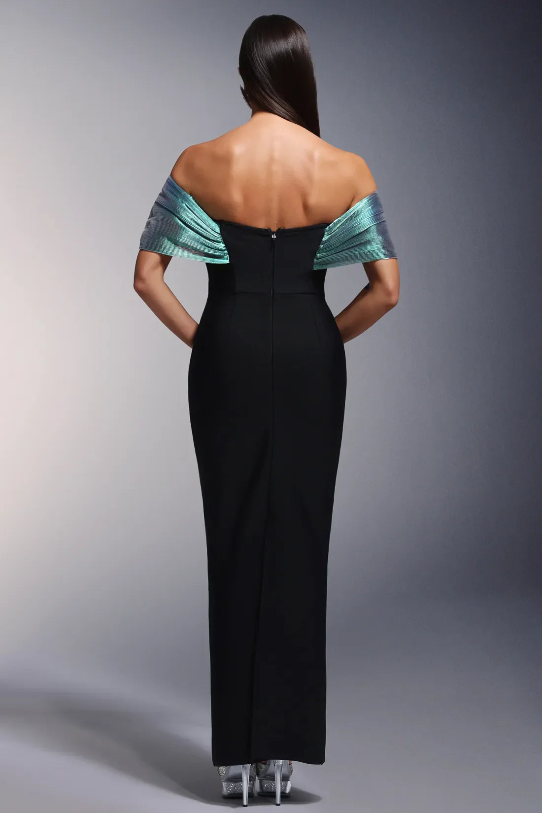 Dorie Deep V-Neck Bandage Shoulder Open Pearl Long Dress