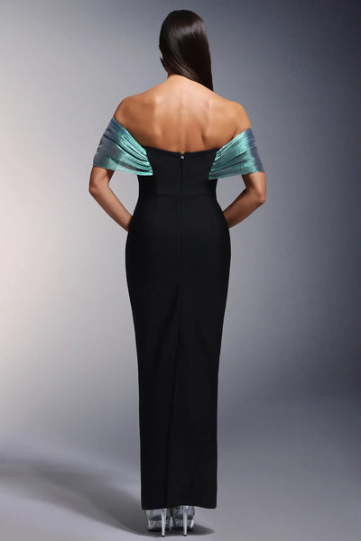 Dorie Deep V-Neck Bandage Shoulder Open Pearl Long Dress