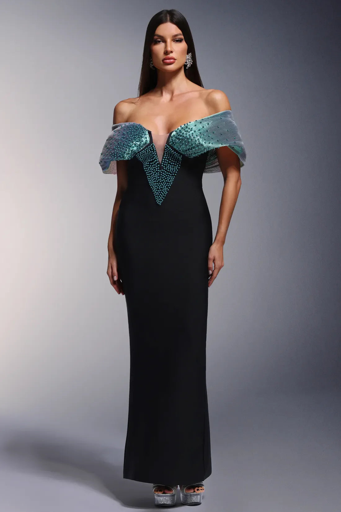 Dorie Deep V-Neck Bandage Shoulder Open Pearl Long Dress
