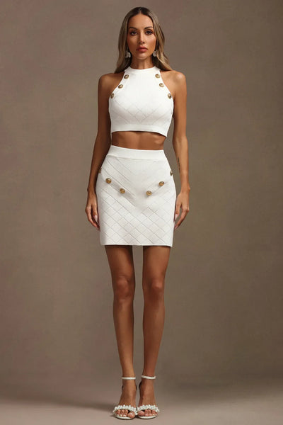 Katty Gold Button Round Neck Top and Skirt Two-Piece Set