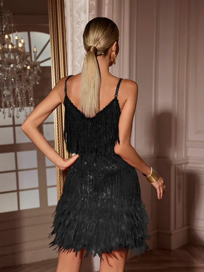 Austyn Black Fringed Fur Mini Dress