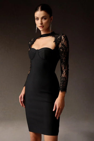 Jouy Long Sleeve Tie-Front Lace Bandage Midi Dress