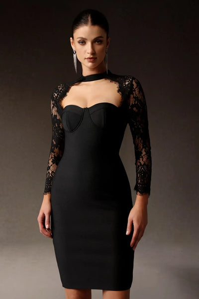 Jouy Long Sleeve Tie-Front Lace Bandage Midi Dress
