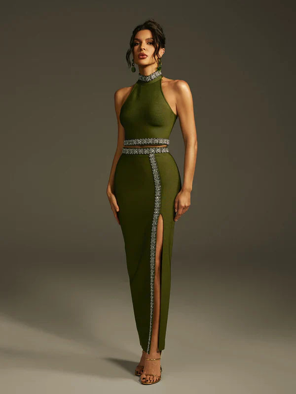 Landri Halter Neck Crystal Bandage Skirt Set
