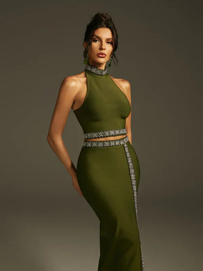 Landri Halter Neck Crystal Bandage Skirt Set