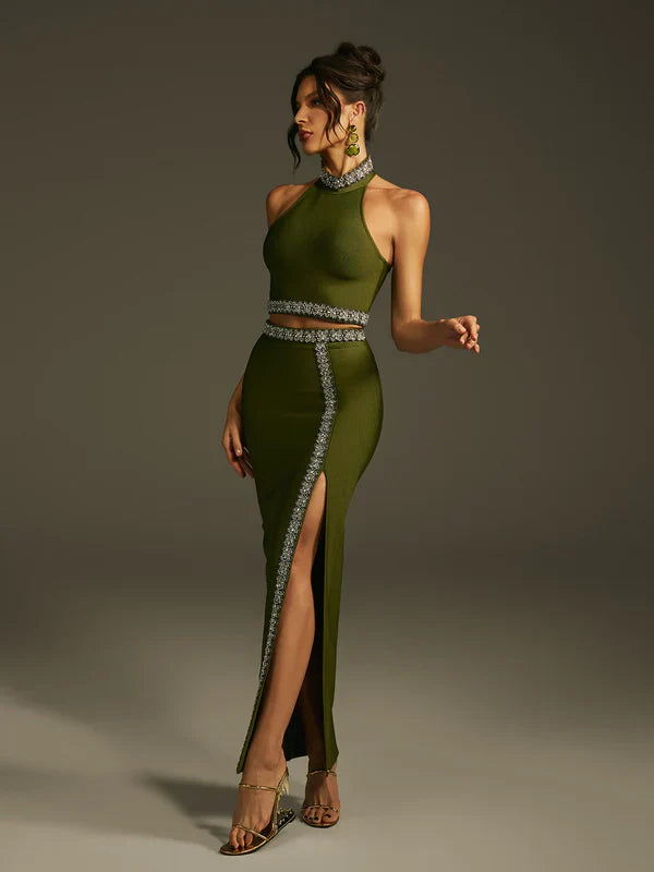 Landri Halter Neck Crystal Bandage Skirt Set