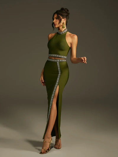 Landri Halter Neck Crystal Bandage Skirt Set