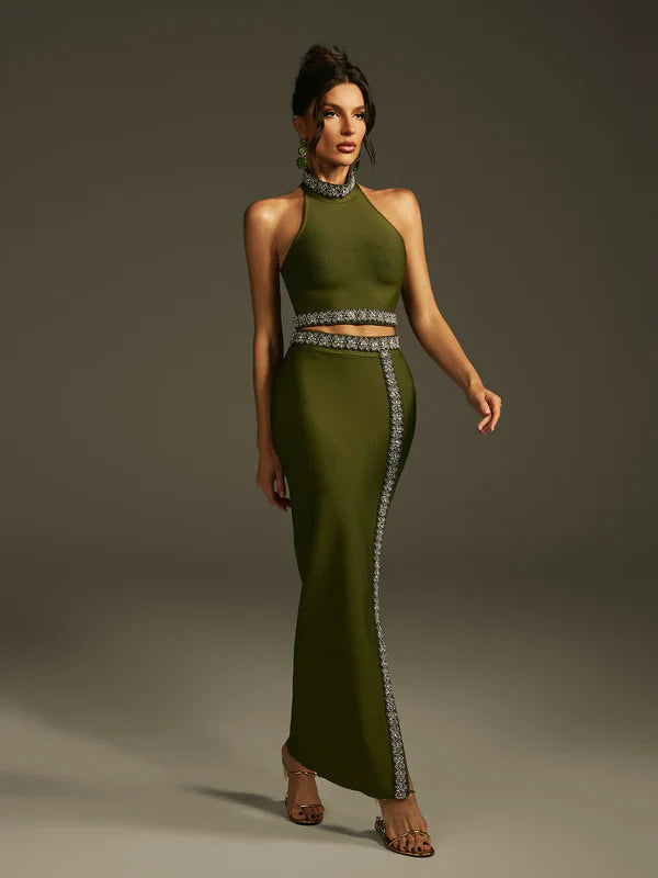 Landri Halter Neck Crystal Bandage Skirt Set