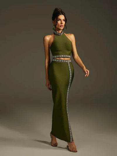 Landri Halter Neck Crystal Bandage Skirt Set