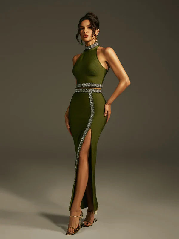 Landri Halter Neck Crystal Bandage Skirt Set