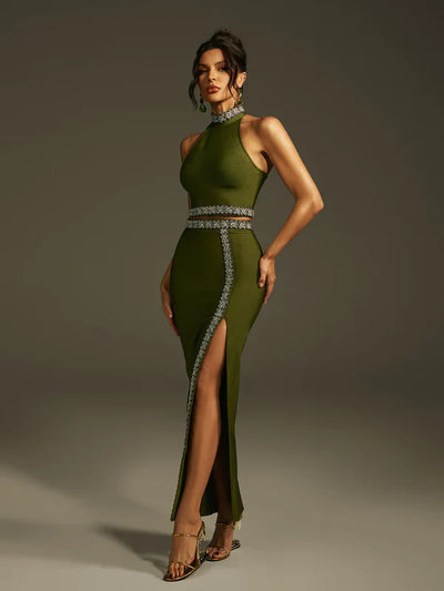 Landri Halter Neck Crystal Bandage Skirt Set