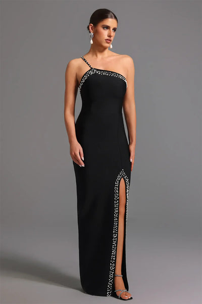Mattey One-Shoulder Bandage Dress with Pearl and High Slit Long Dress