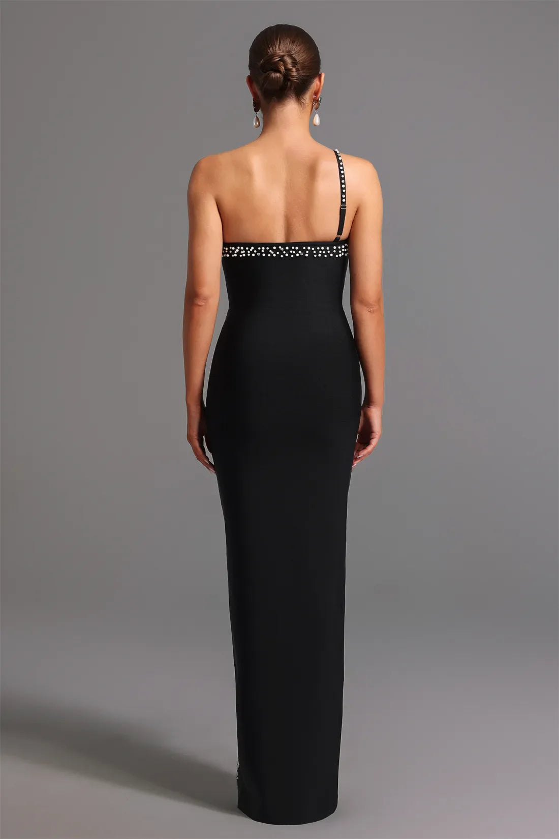 Mattey One-Shoulder Bandage Dress with Pearl and High Slit Long Dress