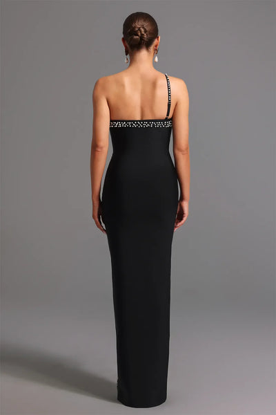 Mattey One-Shoulder Bandage Dress with Pearl and High Slit Long Dress