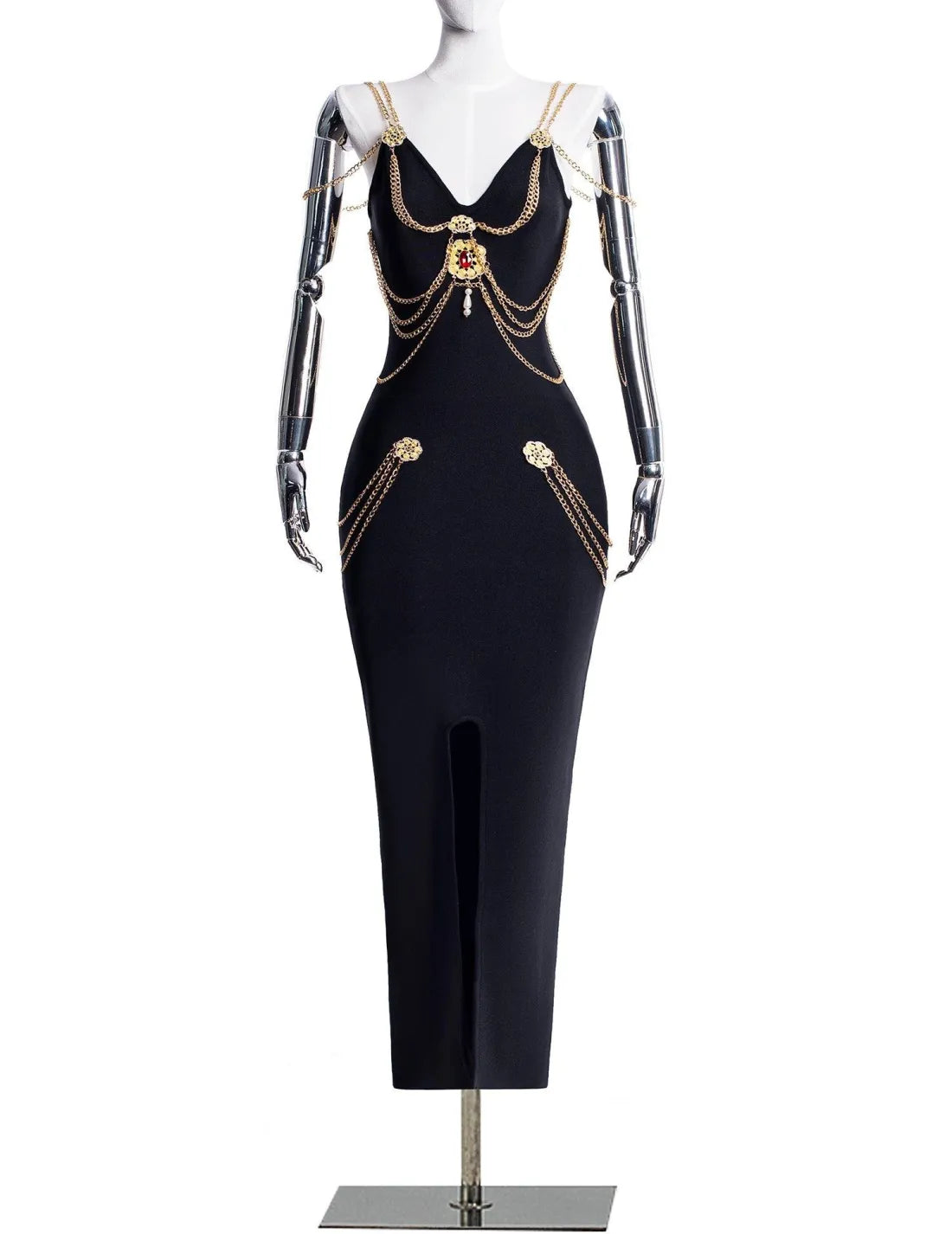 Black Long Dress with Metal Embellishments