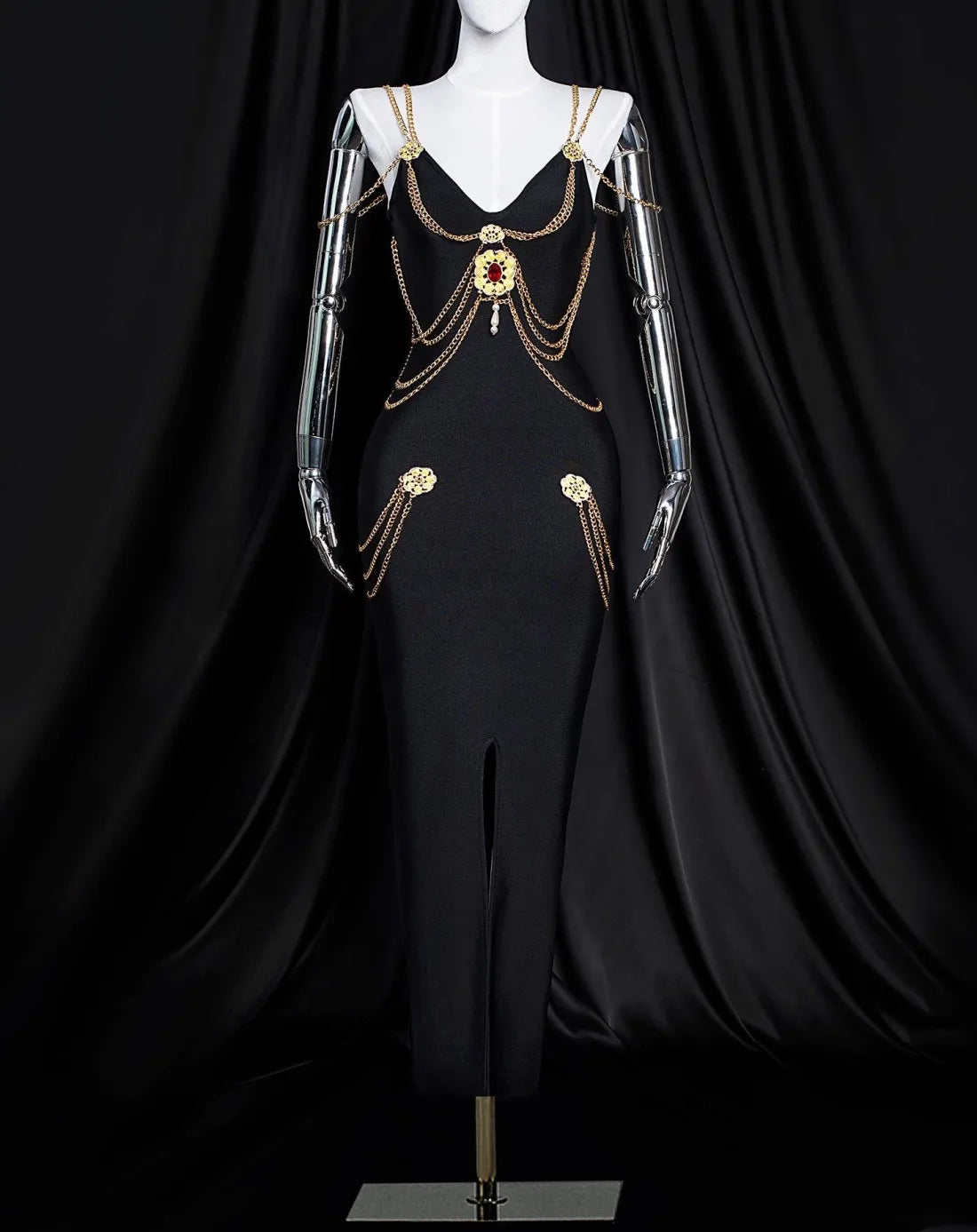 Black Long Dress with Metal Embellishments