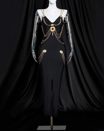 Black Long Dress with Metal Embellishments