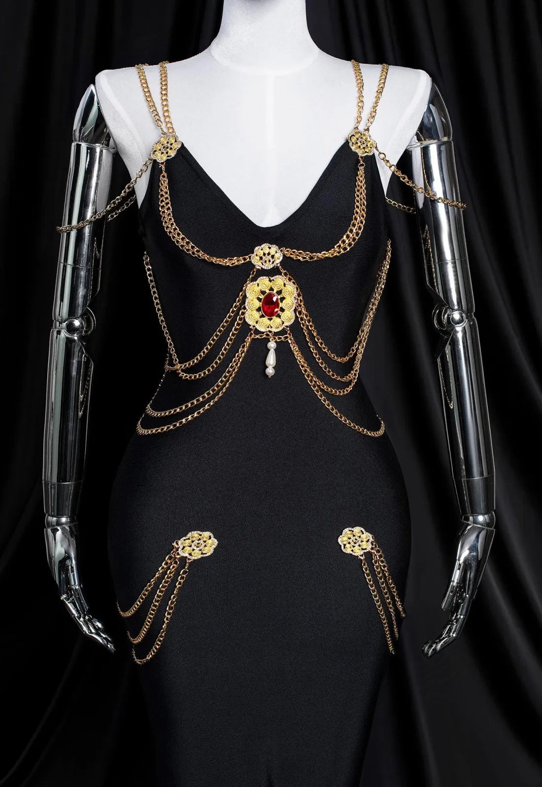 Black Long Dress with Metal Embellishments