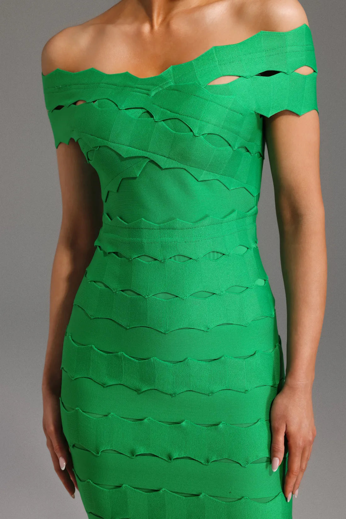 Lacie Off-Shoulder Wavy Bandage Midi Dress