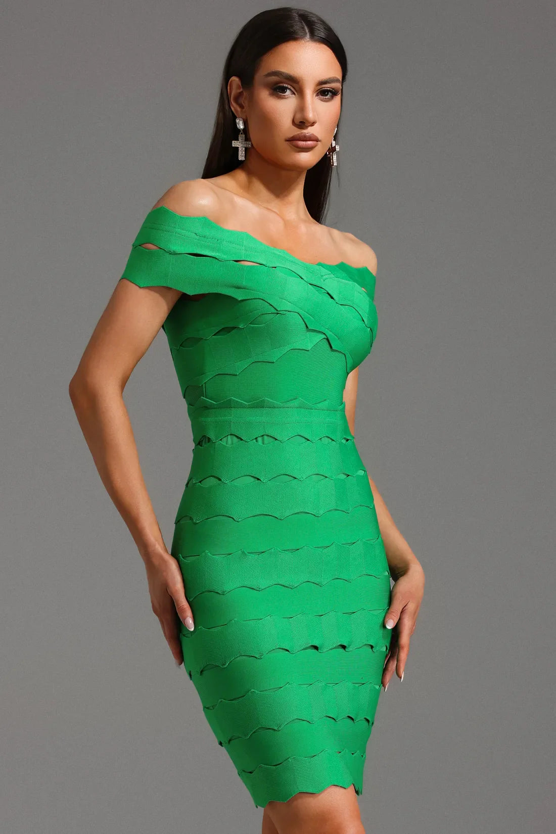 Lacie Off-Shoulder Wavy Bandage Midi Dress