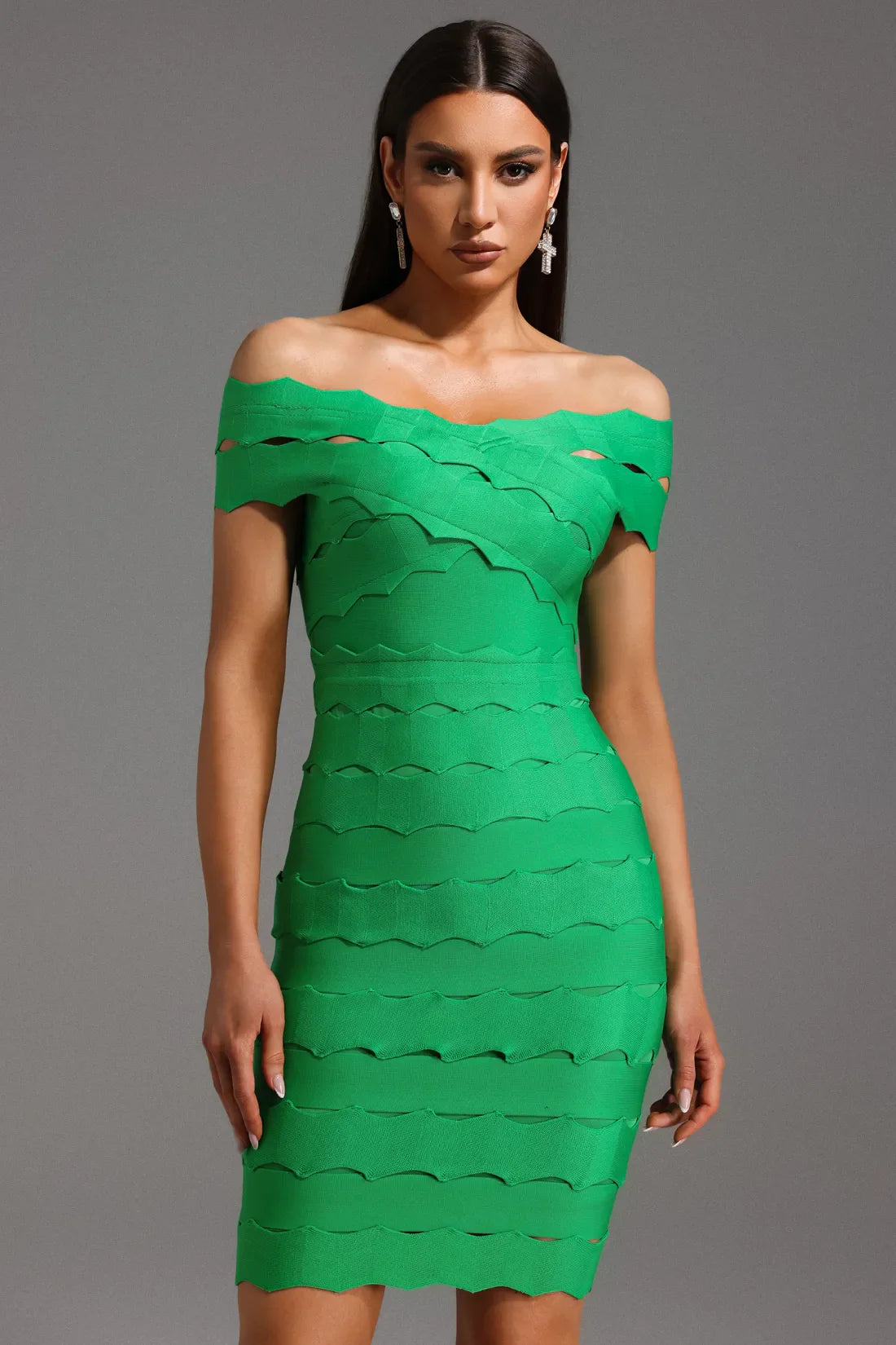 Lacie Off-Shoulder Wavy Bandage Midi Dress