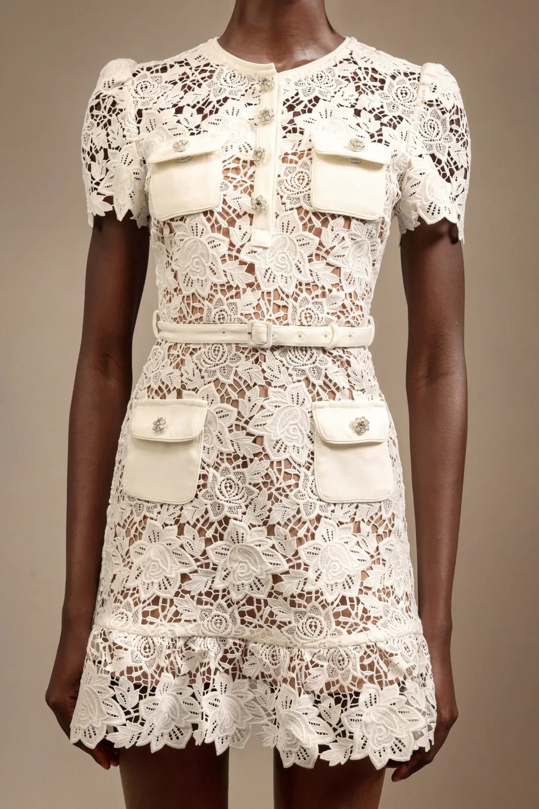 Round Neck Short Sleeve Diamond Lace Mini Dress