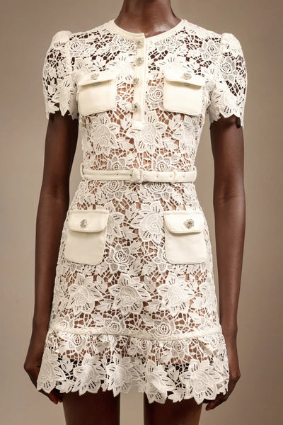 Round Neck Short Sleeve Diamond Lace Mini Dress
