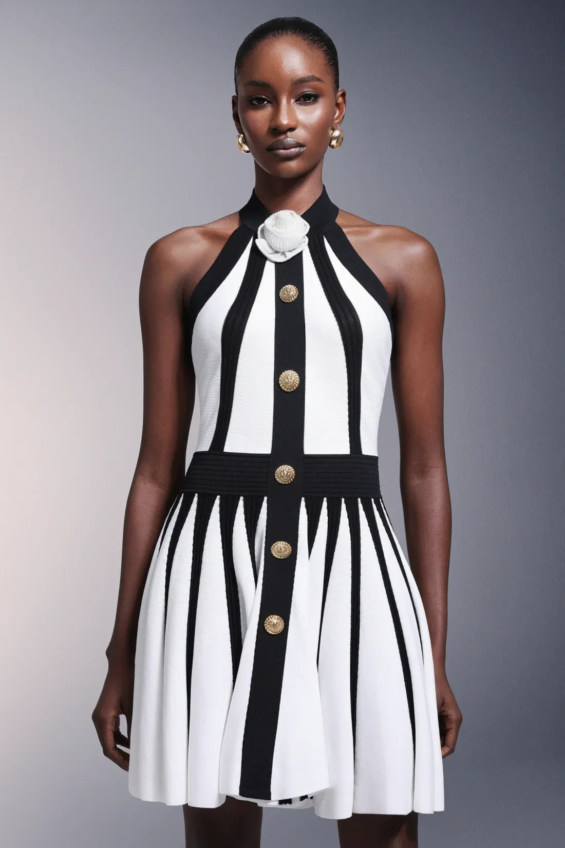 Iana Flower Halter Striped Mini Dress
