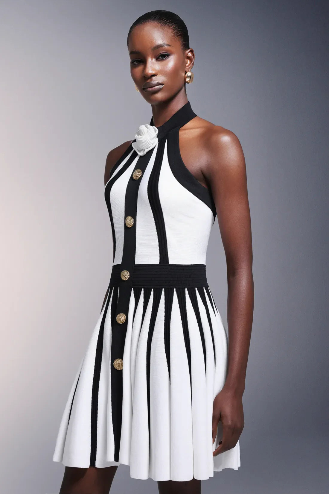 Iana Flower Halter Striped Mini Dress