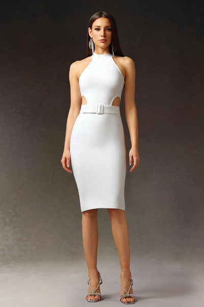 Racaco Halter Oval Belt Strap Midi Dress
