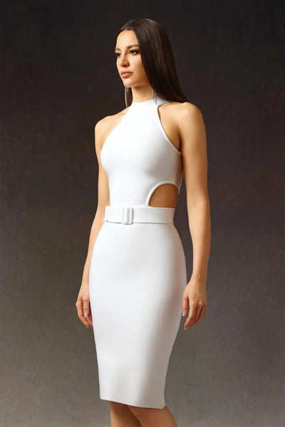 Racaco Halter Oval Belt Strap Midi Dress
