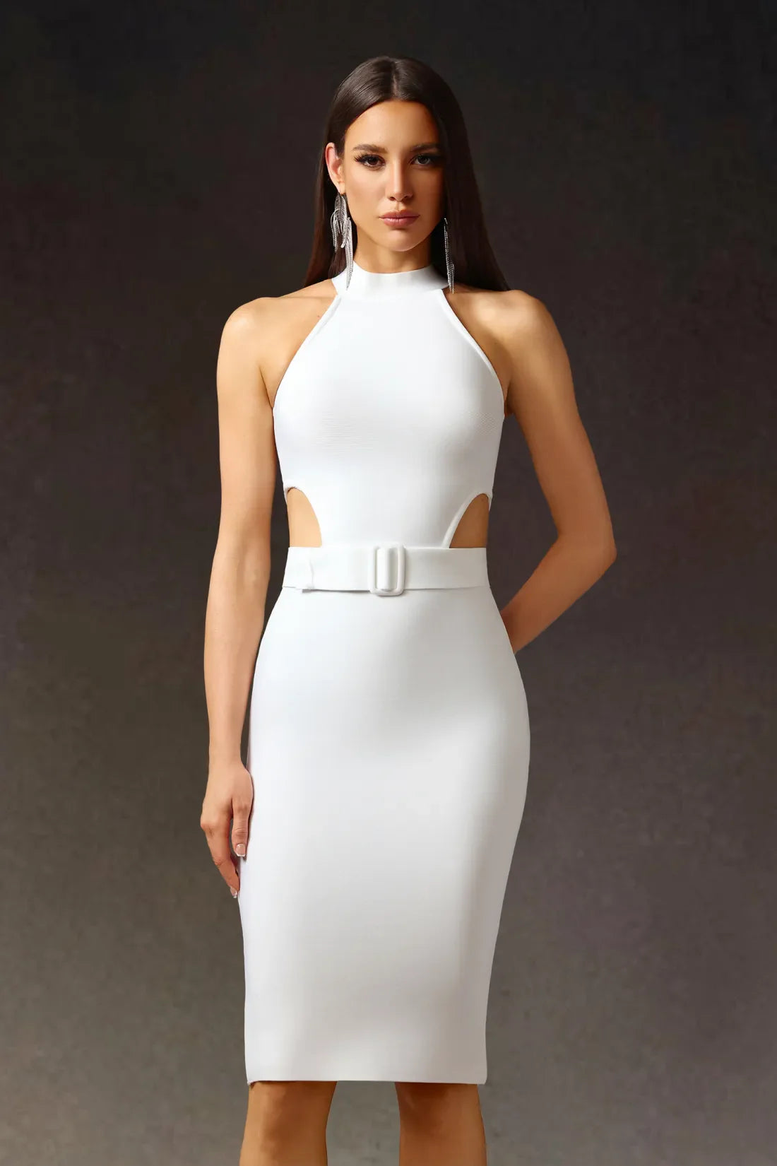 Racaco Halter Oval Belt Strap Midi Dress