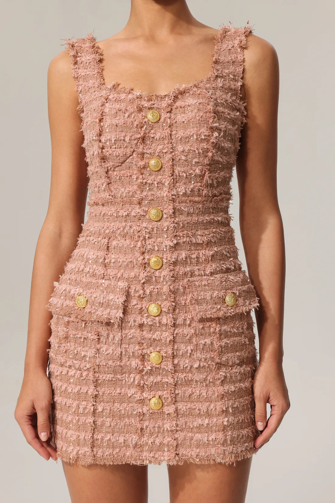 Taliesin Gold Button Strap Tweed Mini Dress