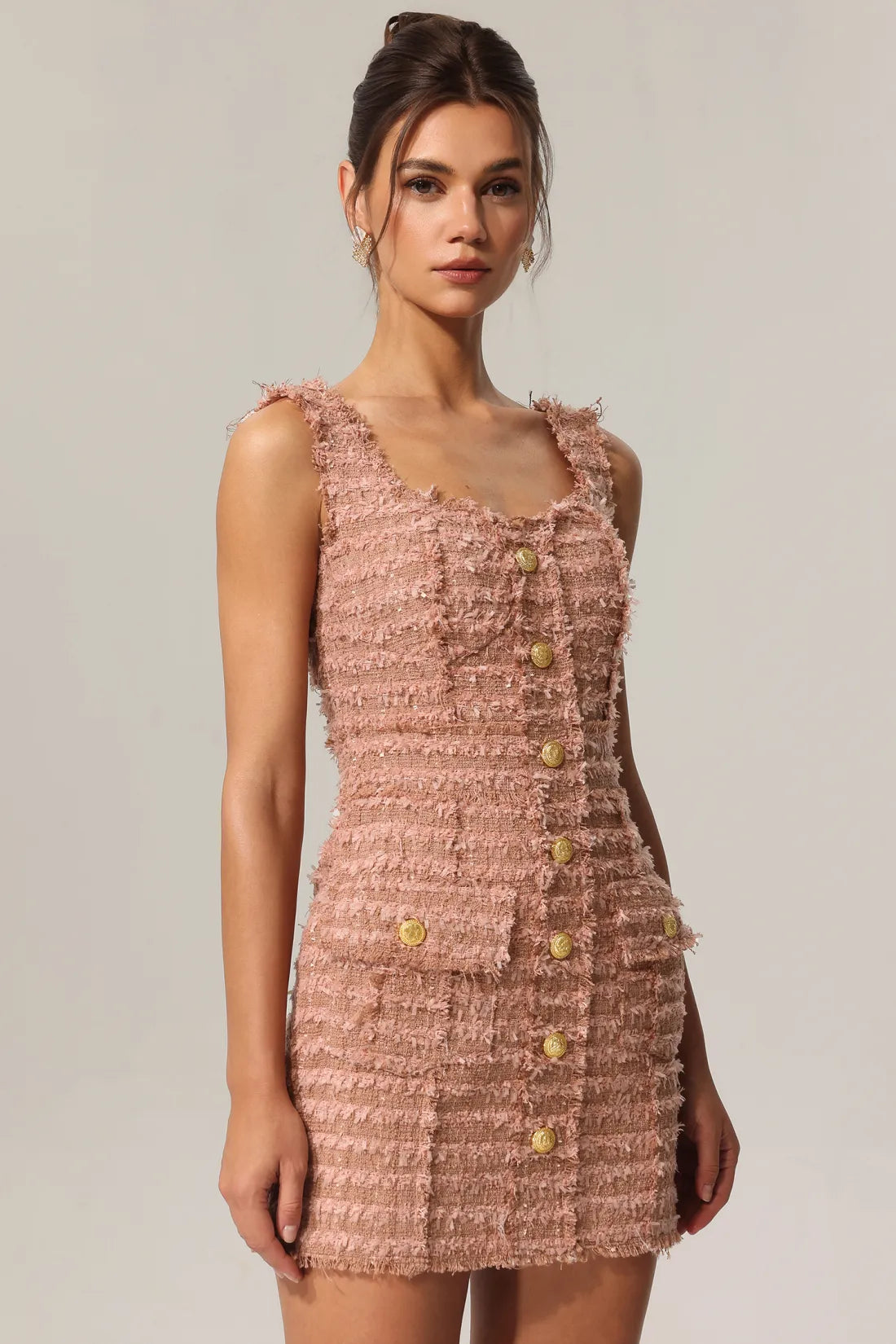 Taliesin Gold Button Strap Tweed Mini Dress