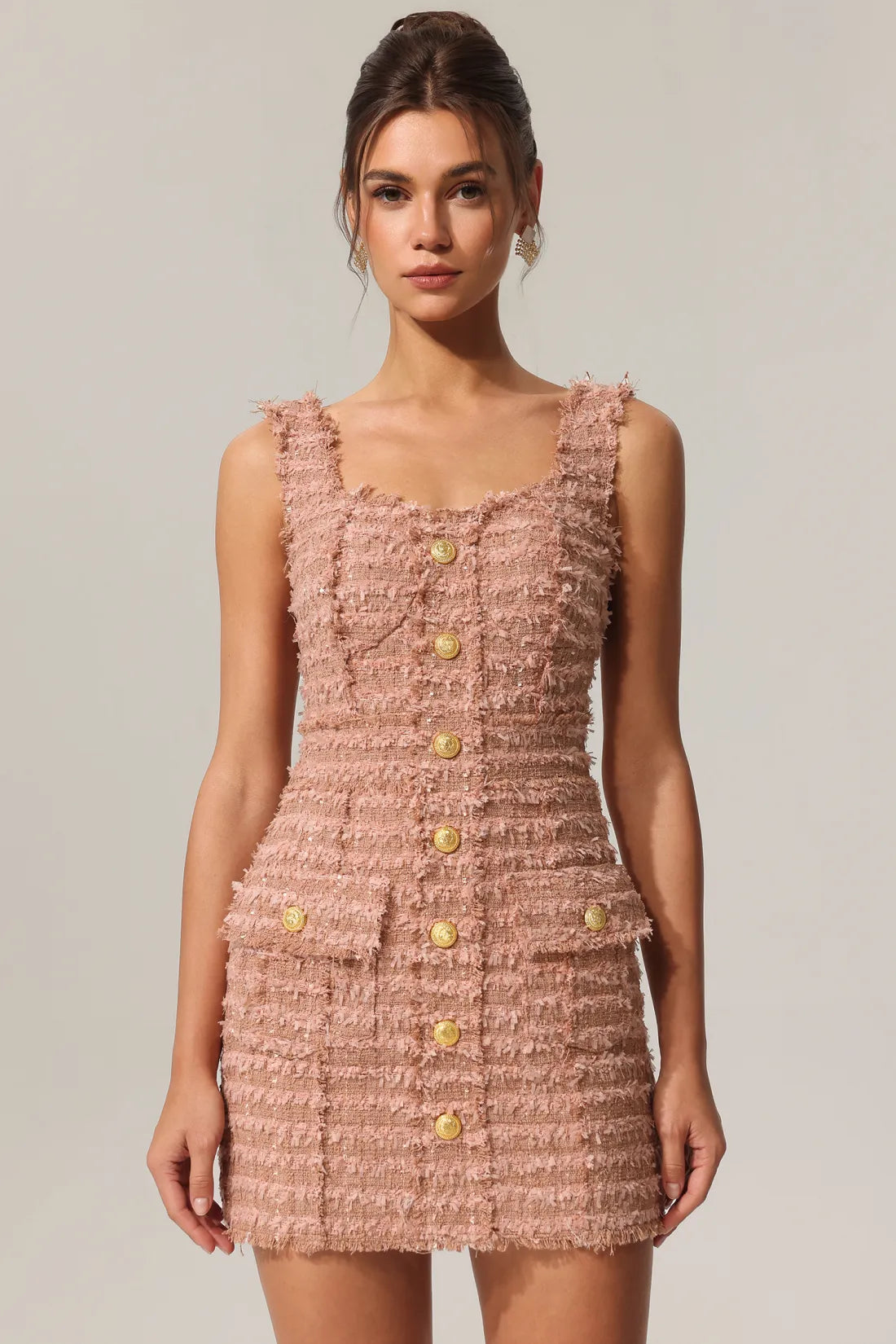 Taliesin Gold Button Strap Tweed Mini Dress