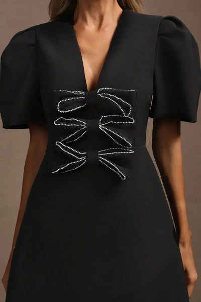 Kavaza V Neck Short Sleeve Hollow Out Bow Mini Dress
